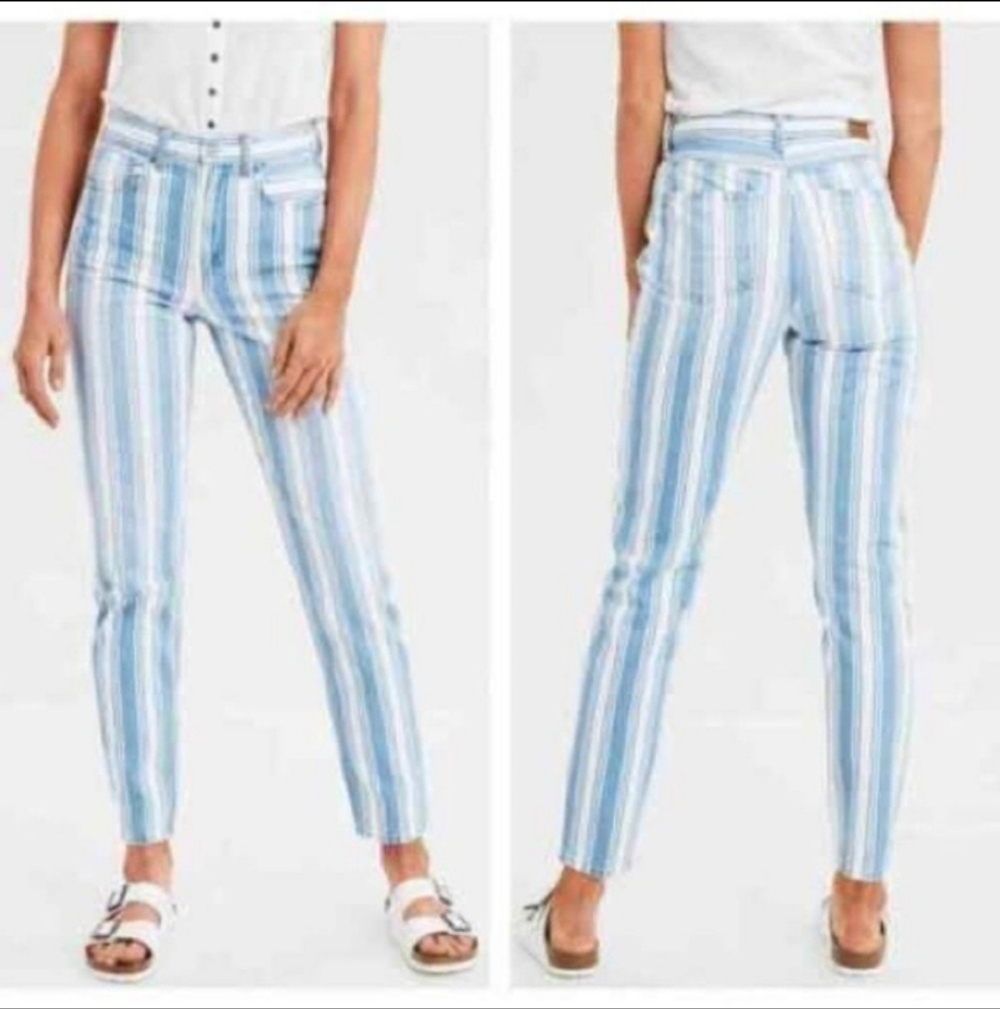 NWOT American Eagle Mom Striped Blue White High Waist Jeans